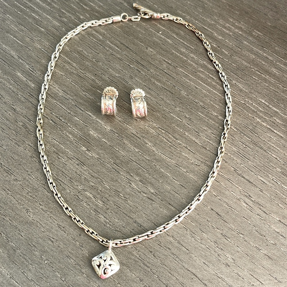 Lois Hill Silver Rope Chain Necklace with Square Pendant & Hoop Earrings